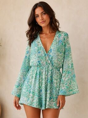 Zara Light Blue & Green Floral Wrap Romper